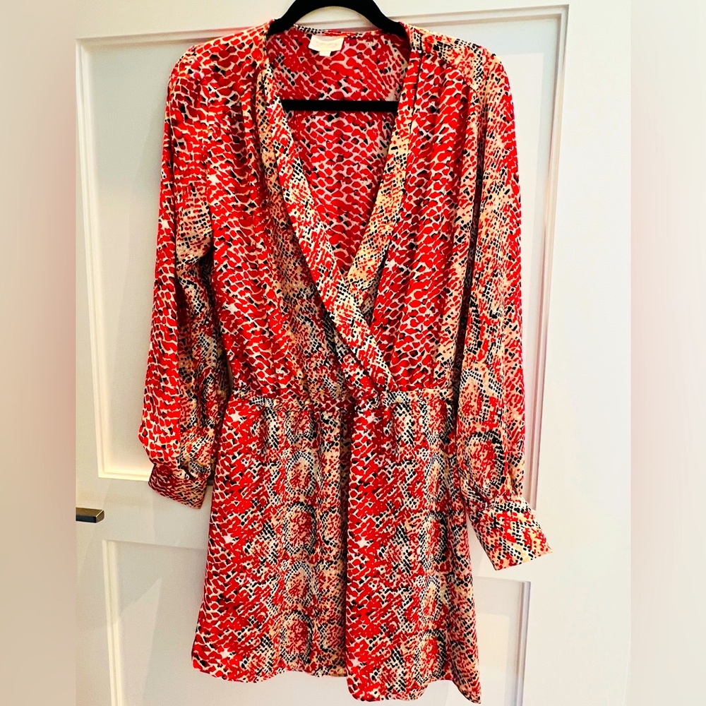 PARKER 🐍 Red Snakeskin 🐍 print Faux Wrap Shirt Dress, Size Small